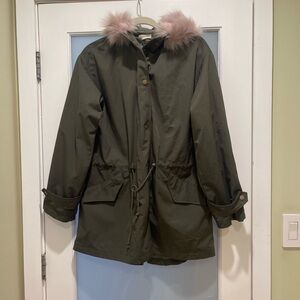 Urban Outfitters Olive Parka with Pink Fur Trim